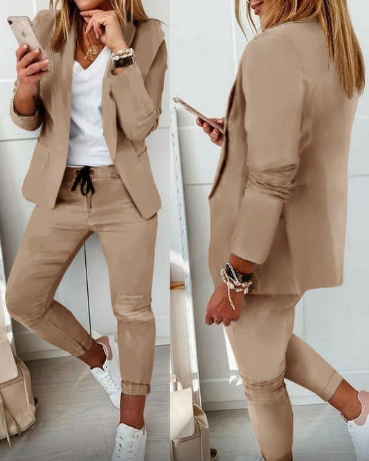 Women's Lapel Blazer & Drawstring Trousers OL Suit – 12 Colors
