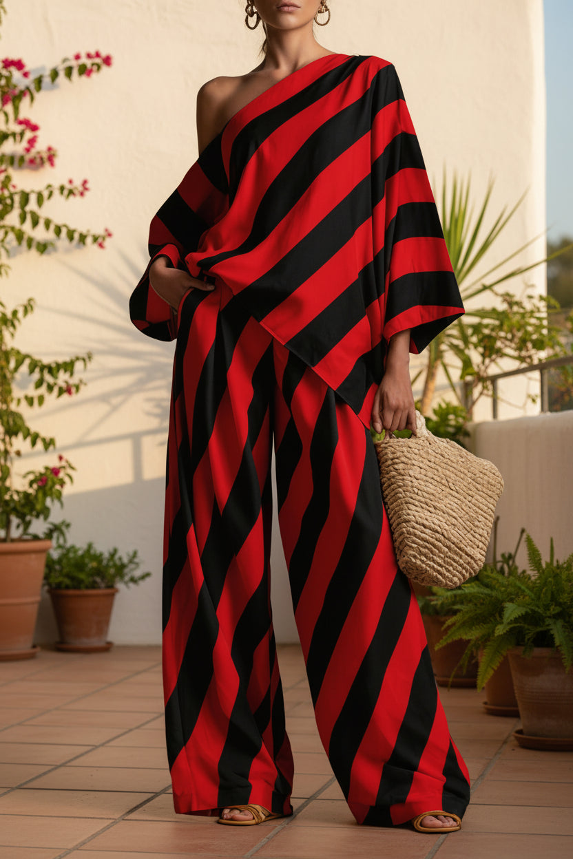Retro Striped Printed Chiffon Top And Wide-leg Pants Set