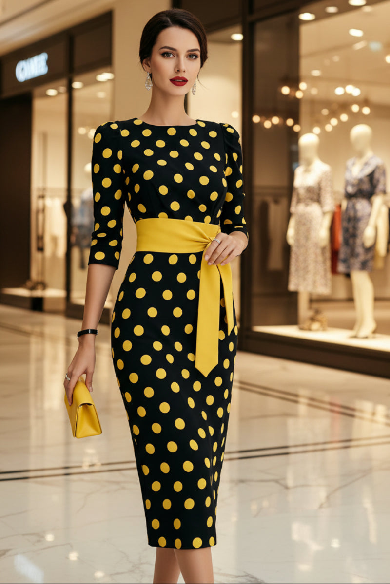 Retro Polka-dot Navy Blue Belted Waist-hugging Elegant Dress