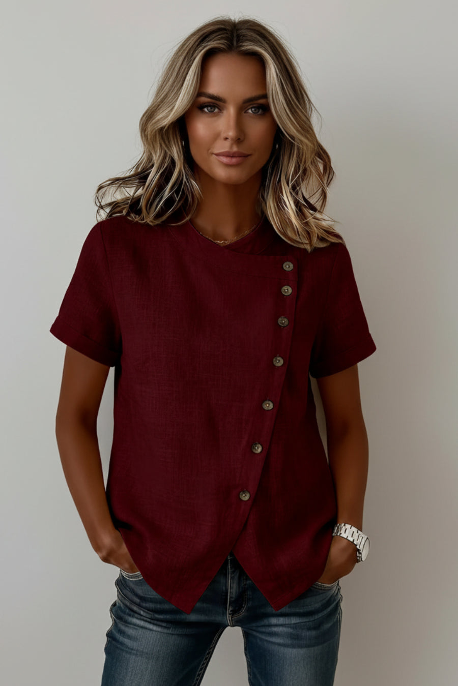 Women's Cross-Neckline Asymmetrical Hem Top – 7 Colors