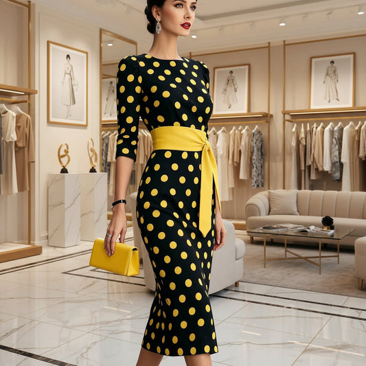 Retro Polka-dot Navy Blue Belted Waist-hugging Elegant Dress