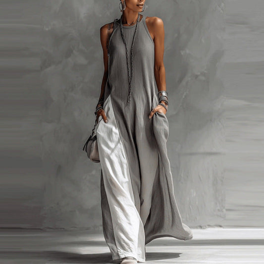 Womens Sleeveless Loose-Fit Color-Block Casual Off-Shoulder Dress With Pockets