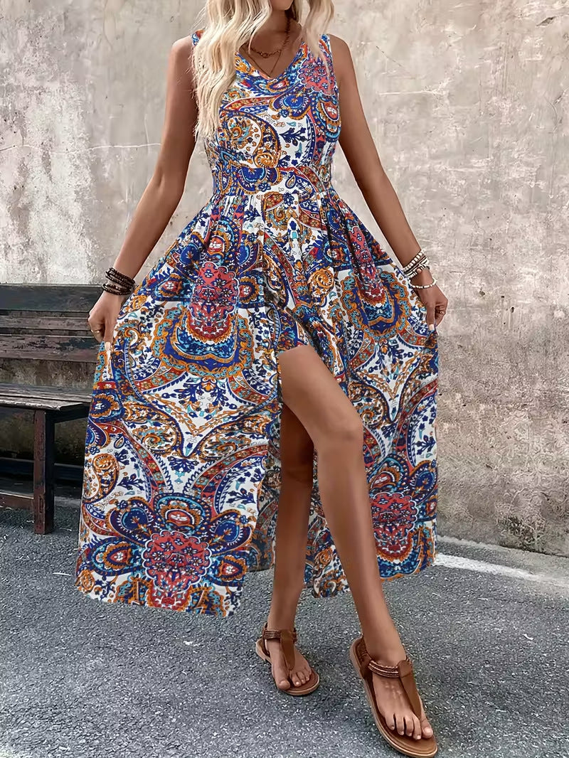 Summer Vacation Casual Chic Fashion Womens Printed V-Neck Sleeveless Jumpsuit