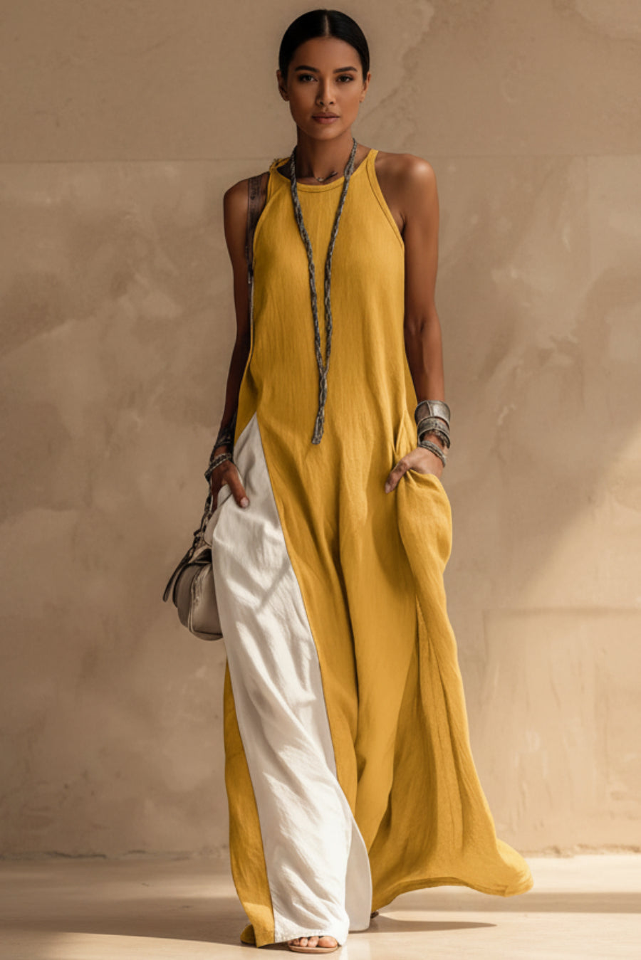 Womens Sleeveless Loose-Fit Color-Block Casual Off-Shoulder Dress With Pockets