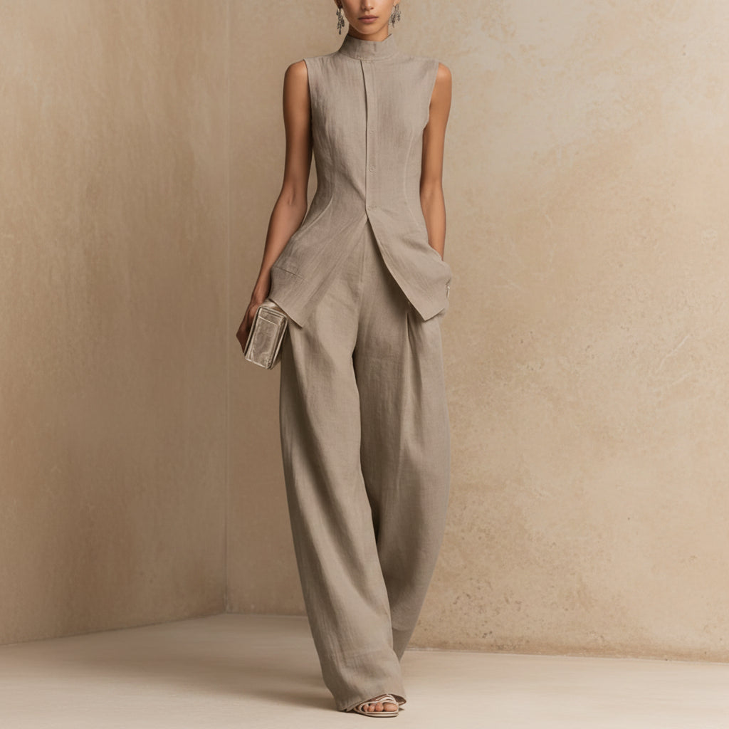 Solid color sleeveless pants set