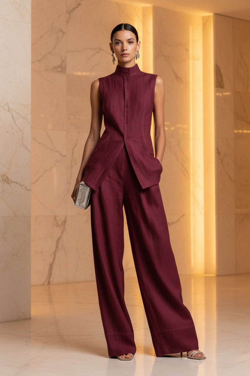 Solid color sleeveless pants set