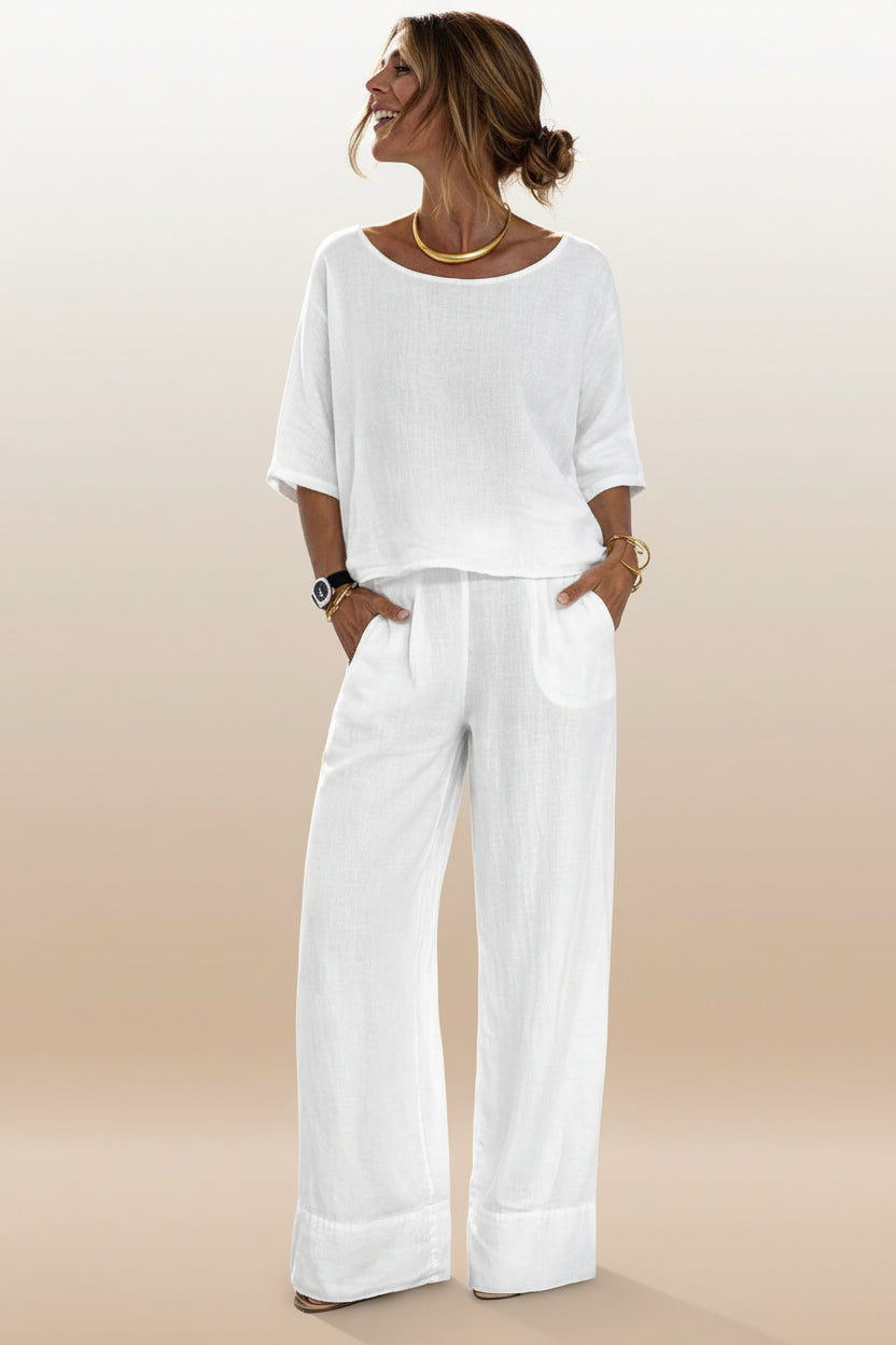 Women's Resort Two-Piece Set – Short Sleeve Top & Wide-Leg Pants