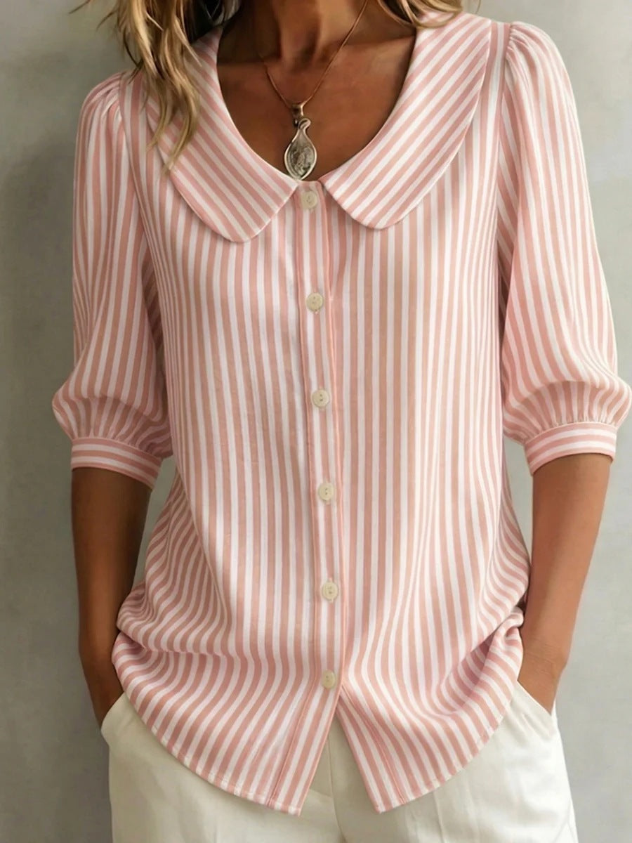 Women's Striped V-Neck Three-Quarter Sleeve Top – Casual Knit Shirt