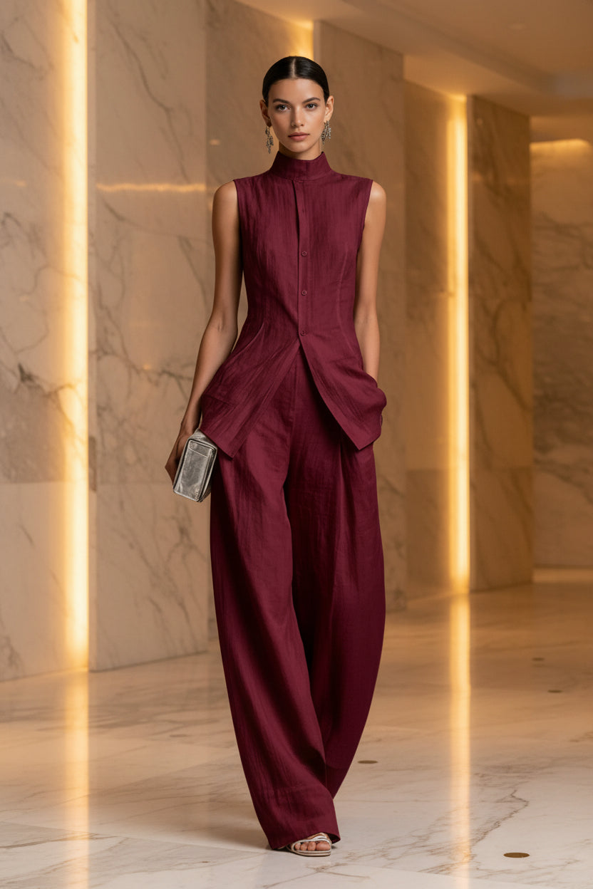 Solid color sleeveless pants set