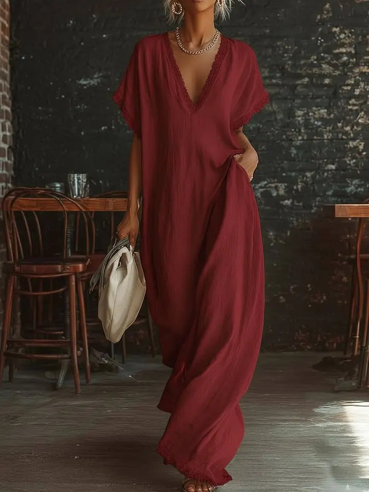 European And American Style Casual Elegant Comfortable Lace-trimmed Loose Linen Cotton Long Dress