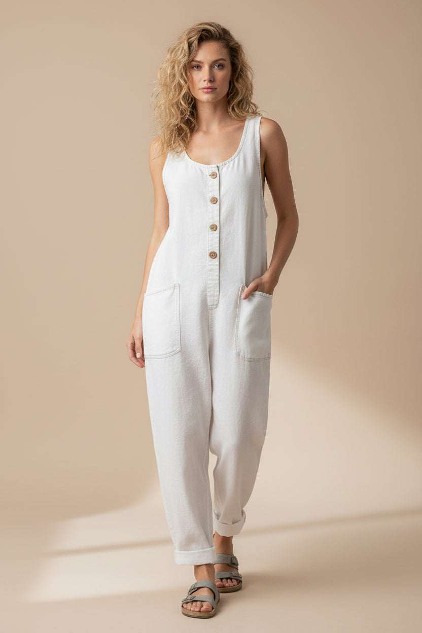 Women's Retro Buckle Multi-Pocket Overalls Jumpsuit – 3/4 Sleeve