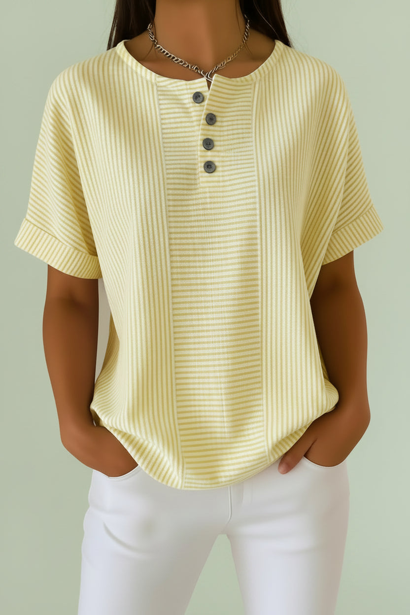 Women's Striped V-Neck Button T-Shirt