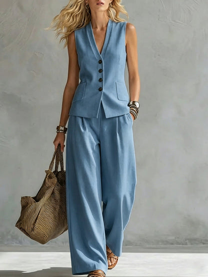 Women's Solid Linen Sleeveless Tank Top & Full-Length Pants Set