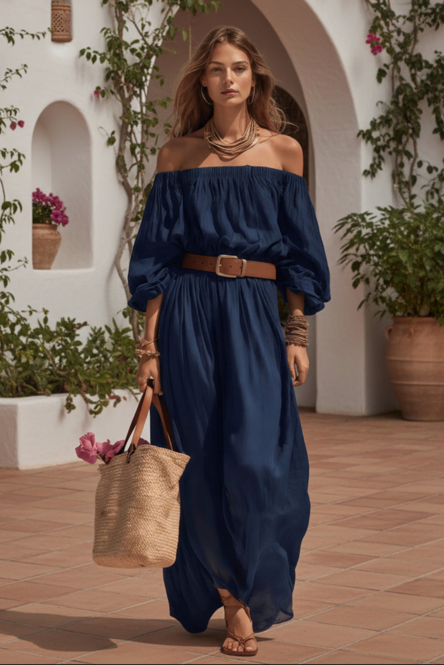 Womens Boat-Neck Sleeveless Casual Cotton-Linen Maxi Dress 