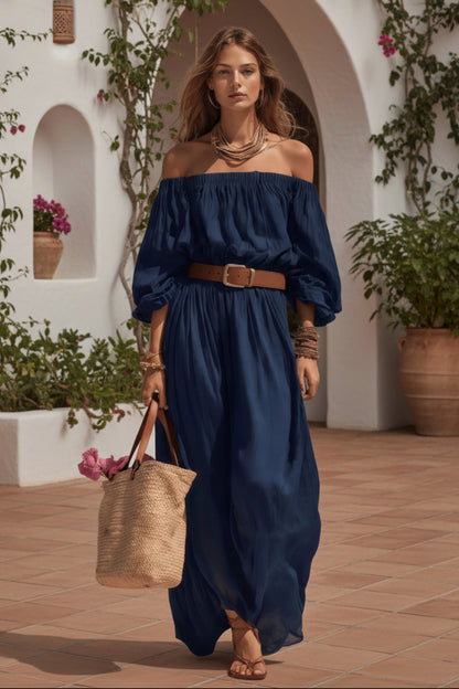 Womens Boat-Neck Sleeveless Casual Cotton-Linen Maxi Dress 