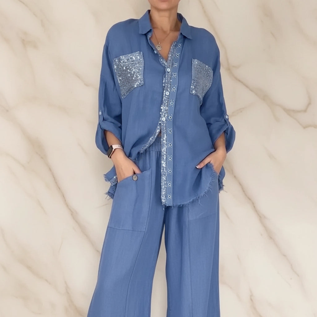 New Fashion Casual Women's Set with Pocket Placket and Gold Embellished Round Neck Design 