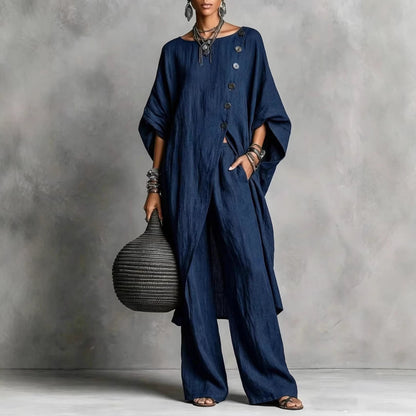 Women's Drop Shoulder Three-Quarter Sleeve Irregular Shirt & Pants Set