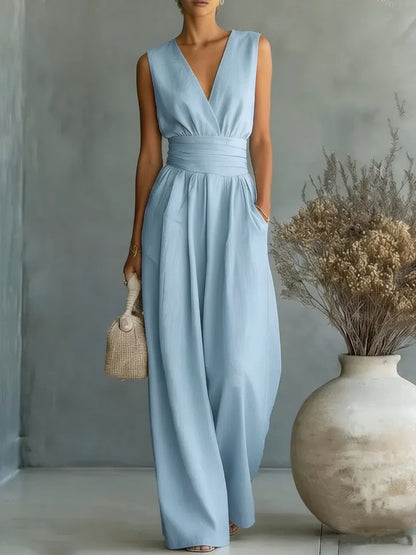 Women's Elegant V-Neck Sleeveless Jumpsuit – Waist-Cinching Straight Leg