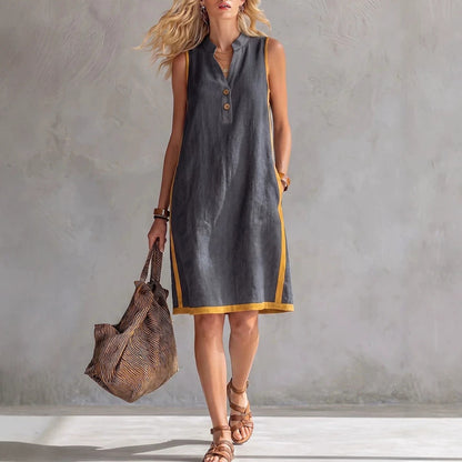 Women's Sleeveless V-Neck Button-Front Pocketed A-Line Midi Dress