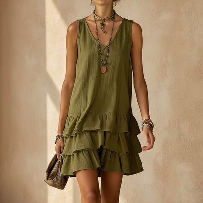 V-neck Cotton-linen Womens Fashionable Sleeveless Dress 
