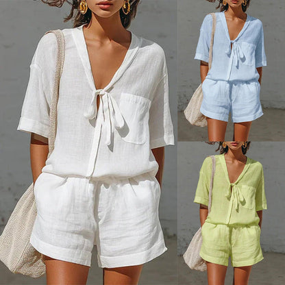 Women's Lace-Up Short-Sleeve Shirt & Loose Shorts Set – Casual Summer Co-Ord