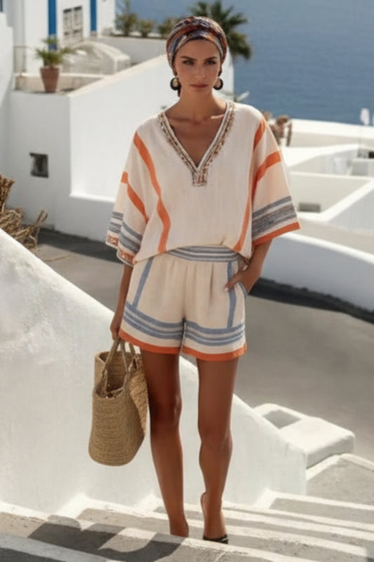 Linen Striped Printed V-Neck Top And Shorts Set For Women 