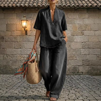 Retro V-Neck Washed Denim Top & Wide-Leg Pants Set – 3 Colors, S–3XL