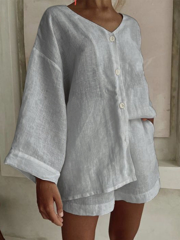 Women's Cotton Linen Shirt & Shorts Set