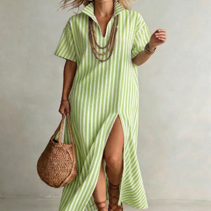 Women's Striped Slit Maxi Dress – V-Neck Short Sleeve