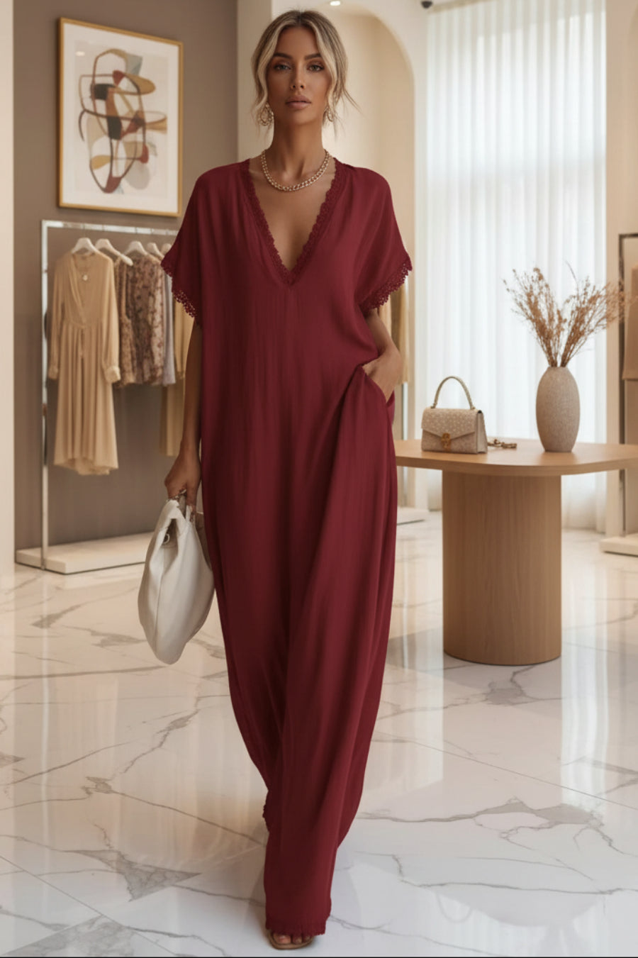 European And American Style Casual Elegant Comfortable Lace-trimmed Loose Linen Cotton Long Dress 