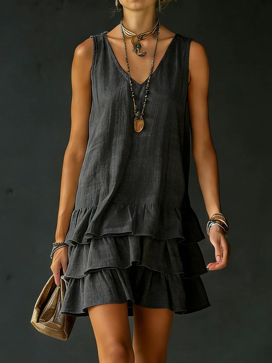 V-neck Cotton-linen Womens Fashionable Sleeveless Dress 