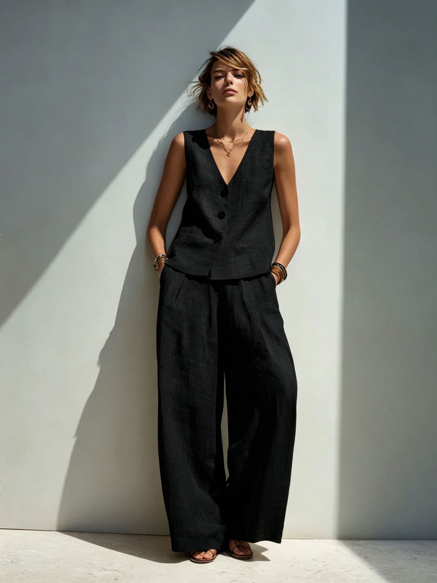 Linen Blend V-Neck Buttoned Vest & High-Waist Wide-Leg Pants Set