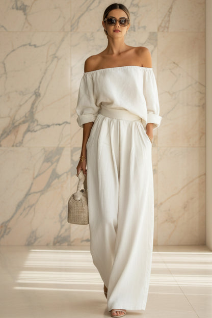 Casual Two-Piece Womens Outfit Off-Shoulder Top And Wide-Leg Pants Set 