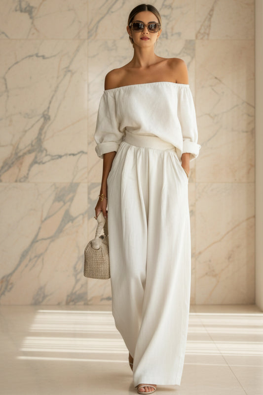 Casual Two-Piece Womens Outfit Off-Shoulder Top And Wide-Leg Pants Set 
