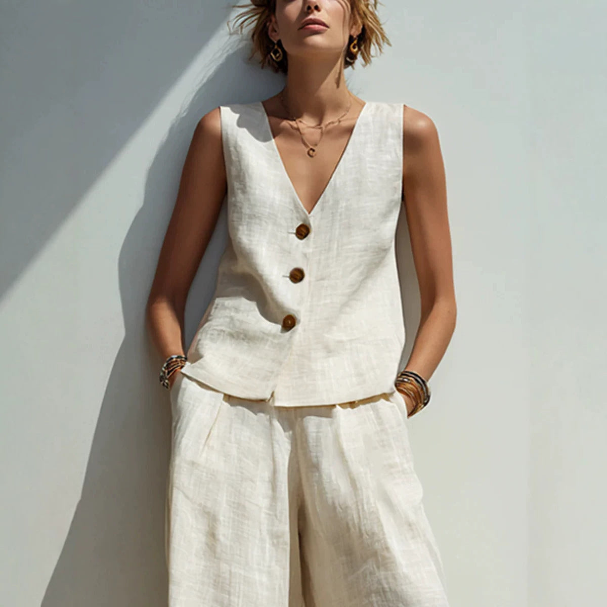 Linen Blend V-Neck Buttoned Vest & High-Waist Wide-Leg Pants Set