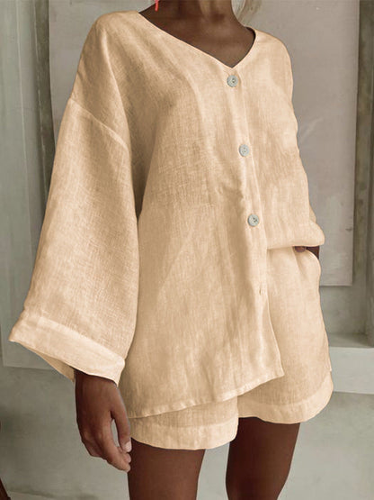 Women's Cotton Linen Shirt & Shorts Set