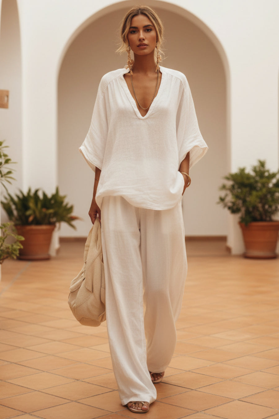 Womens V-neck Loose Short-Sleeve Casual Pants Two-Piece Set 