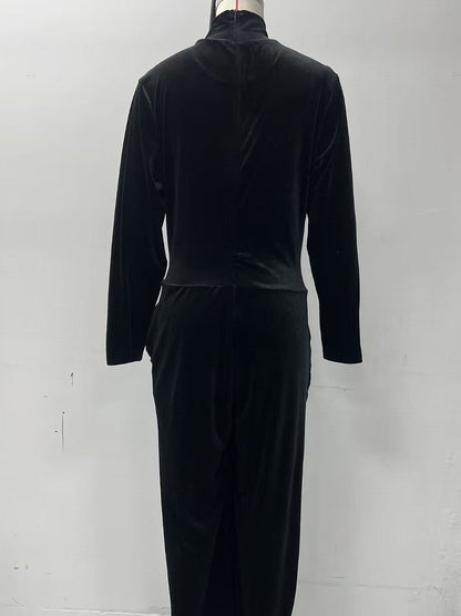 Women's Velvet Mock Turtleneck Chevron-Seam Fitted Bodice Balloon-Leg Jumpsuit