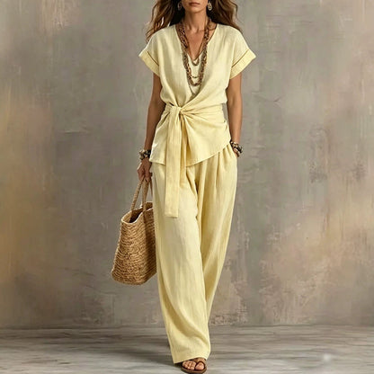 Women's V-Neck Short-Sleeve Top & Pants Two-Piece Set