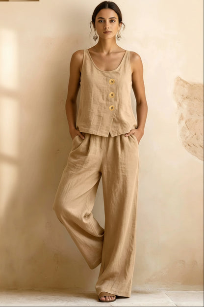 Women's Cotton Linen Sleeveless Tank Top & Pants Two-Piece Set 