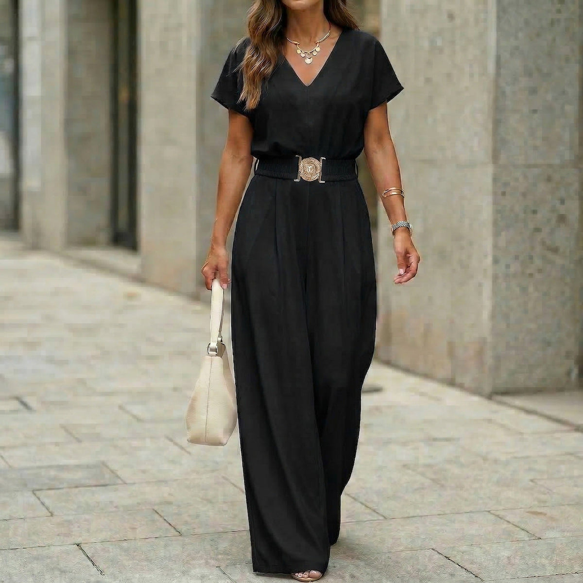 Womens V-neck Solid-color Short-sleeve Long-pants Belted Jumpsuit 