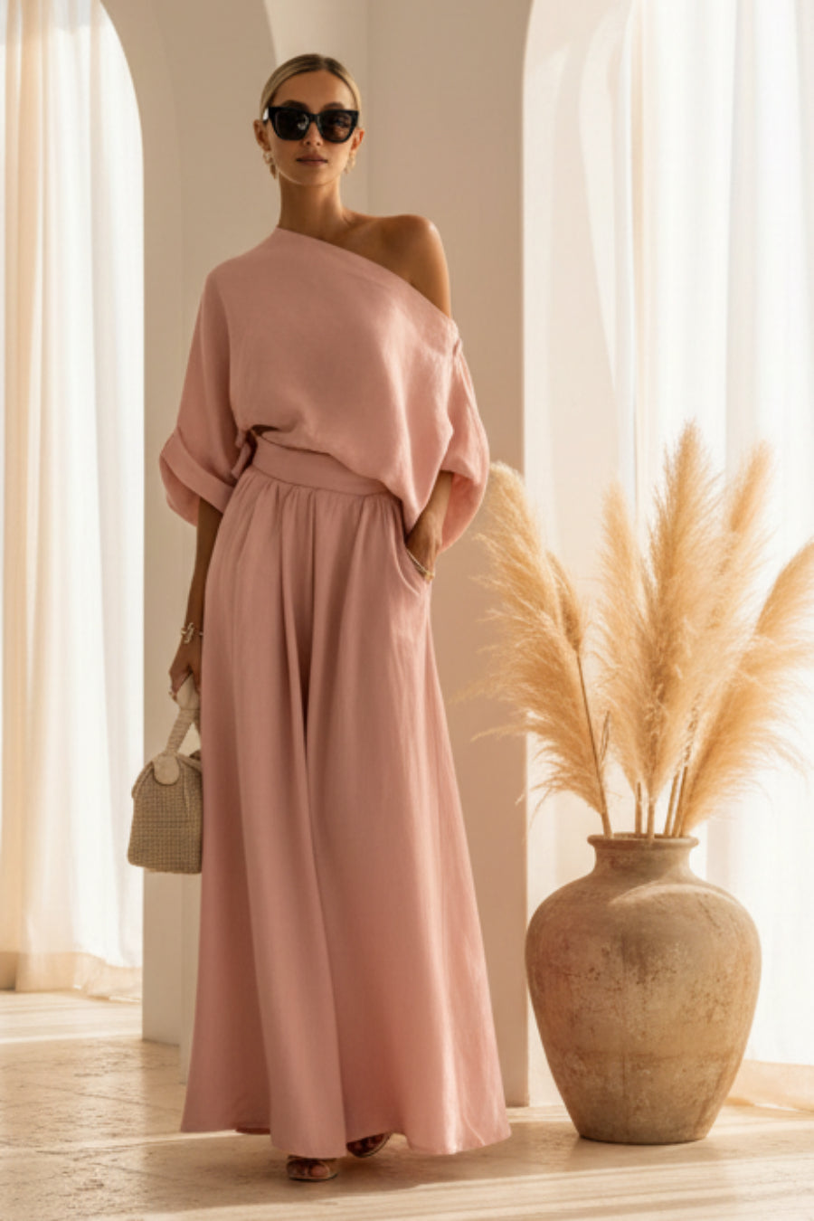 Cropped Off-shoulder Top And Pants Two-piece Set 