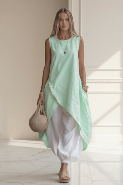 Solid-color Sleeveless Loose-fit Dress With Patch Pockets 