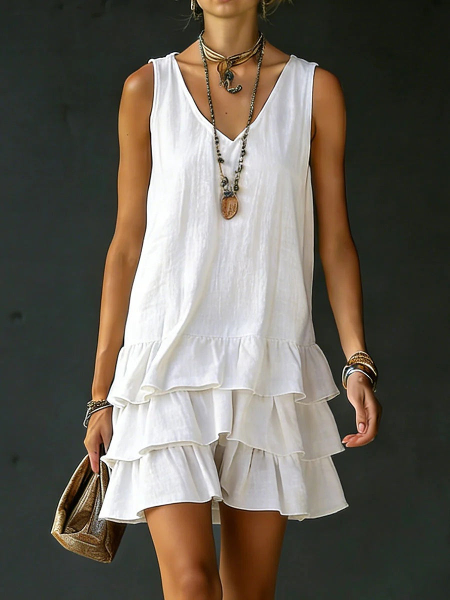 V-neck Cotton-linen Womens Fashionable Sleeveless Dress 