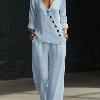Women’s V-Neck Cross-Over Shirt and Wide-Leg Pants Set