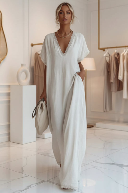 European And American Style Casual Elegant Comfortable Lace-trimmed Loose Linen Cotton Long Dress 