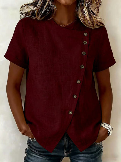 Women's Cross-Neckline Asymmetrical Hem Cotton Linen Top – Loose Fit