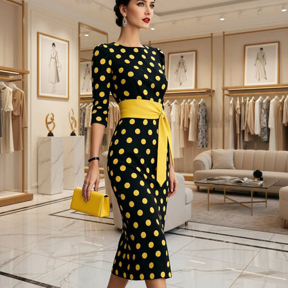 Retro Polka-dot Navy Blue Belted Waist-hugging Elegant Dress 