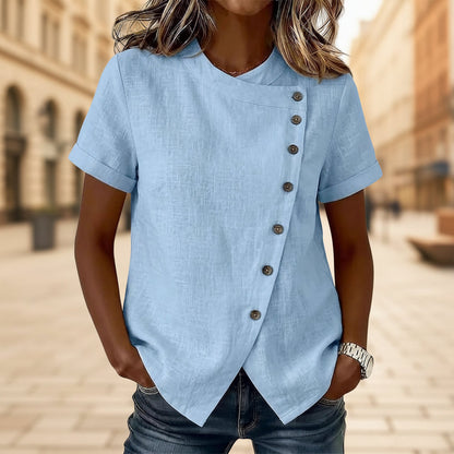 Women's Cross-Neckline Asymmetrical Hem Cotton Linen Top – Loose Fit