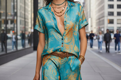 Women's Bohemian Printed Resort Two-Piece Set – 3/4 Sleeve Shirt & Pants